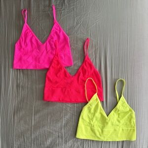 3 x LF Emma & Sam Neon Cropped Ribbed Bralettes Triangle Top Pink, Coral, Yellow